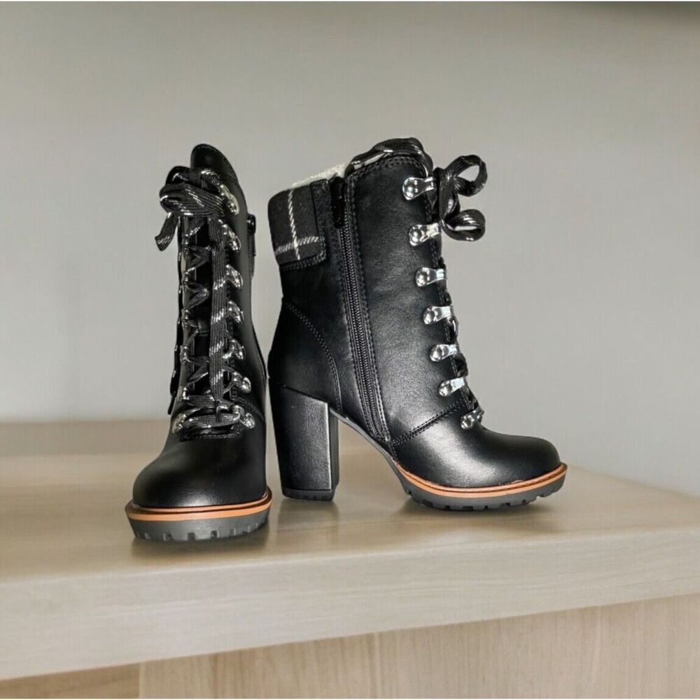 SUN STONE Womens Black Lace Up Octavia Round Toe Block Heel Hiking Boots, 9M